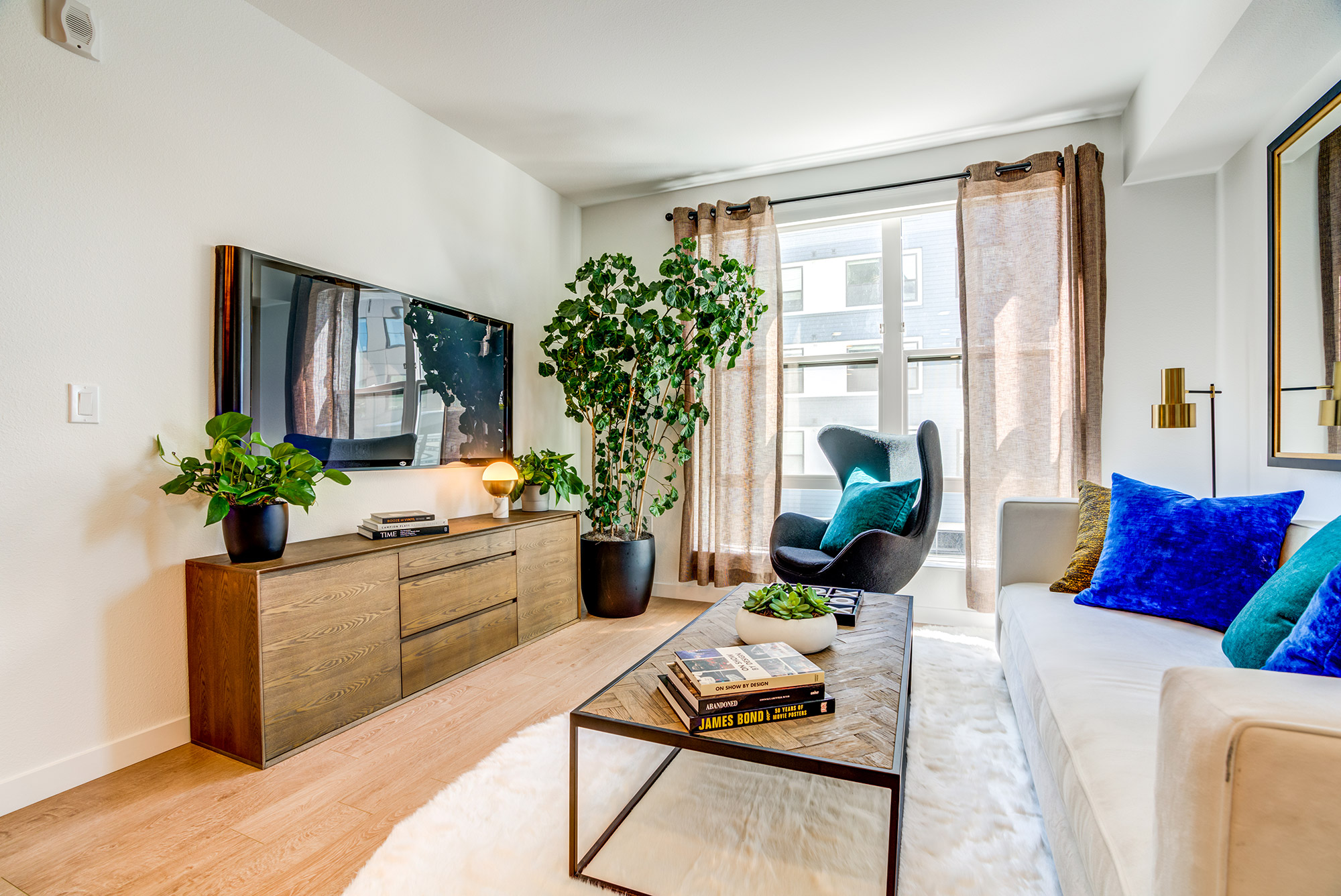 Living room with wood-style floors, modern furniture, wall-mounted TV, and large window with ample natural light.