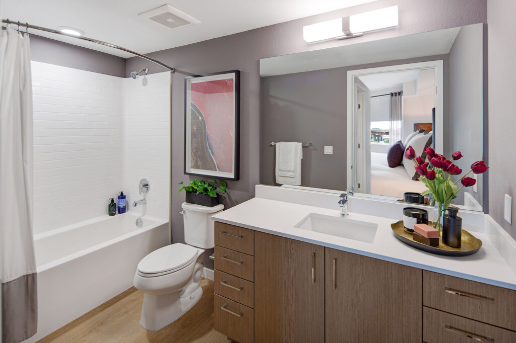 Bathroom with wood-style floors, large single sink vanity with counter space, and tub/shower combo with door leading to the bedroom.