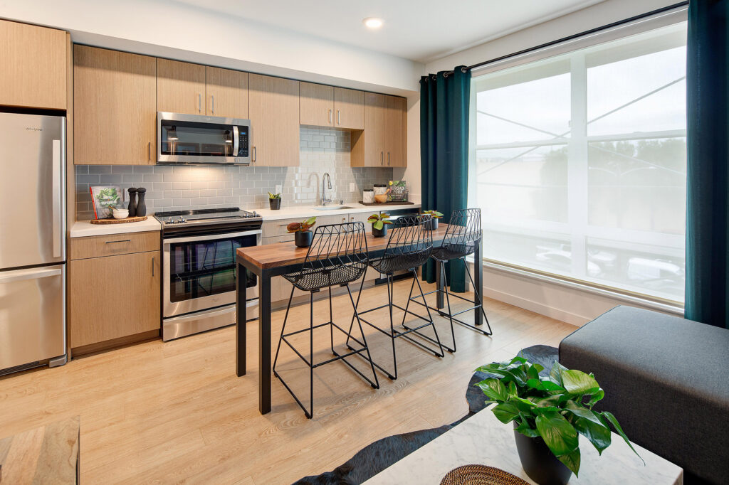 Open concept living room/kitchen with stainless steel appliances, quartz counters, wood-style flooring and a large window.